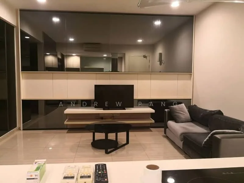 Living features: grey fabric sofa, black coffee table, wall-mounted TV, white cabinetry, black accent wall, recessed downlights, large glass windows, tile flooring, air conditioning unit; style: modern.