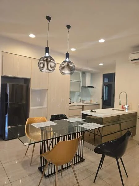 Kitchen features: white cabinetry, black countertop, stainless-steel fridge, built-in oven, stainless-steel range hood, single-bowl stainless-steel sink, chrome pull-down faucet, pendant lighting with black wire frame, glass dining table, yellow plastic dining chairs, black plastic dining chair, tile flooring, recessed downlights, wall-mounted split AC; style: modern.