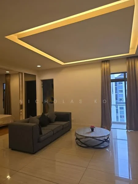 Living features: grey fabric sofa, round coffee table with decorative base, white painted walls, glossy tile flooring, tray ceiling with recessed lighting, floor-to-ceiling windows, sheer curtains, decorative plant on coffee table; style: modern; view: city.