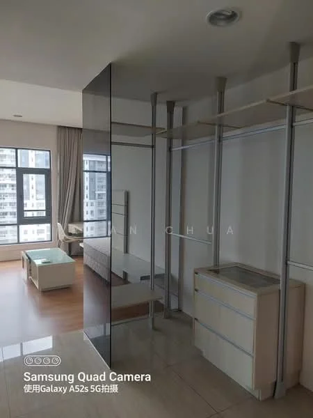 Room features: wooden flooring, floor-to-ceiling windows, built-in shelving, glass partition, neutral wall colour, light curtains, minimalist cabinetry, open layout; style: modern; view: city.