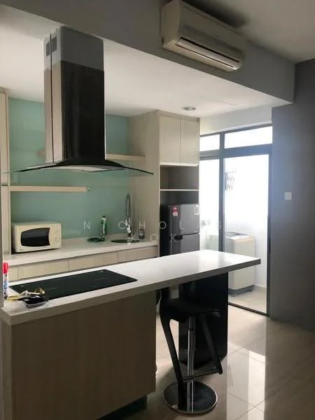 Kitchen features: white cabinetry, black countertop, stainless-steel range hood, built-in microwave, stainless-steel fridge, single-bowl stainless-steel sink, chrome pull-down faucet, bar counter with stool, tile flooring, wall-mounted split AC, glass sliding door, window with sheer curtains; style: modern.