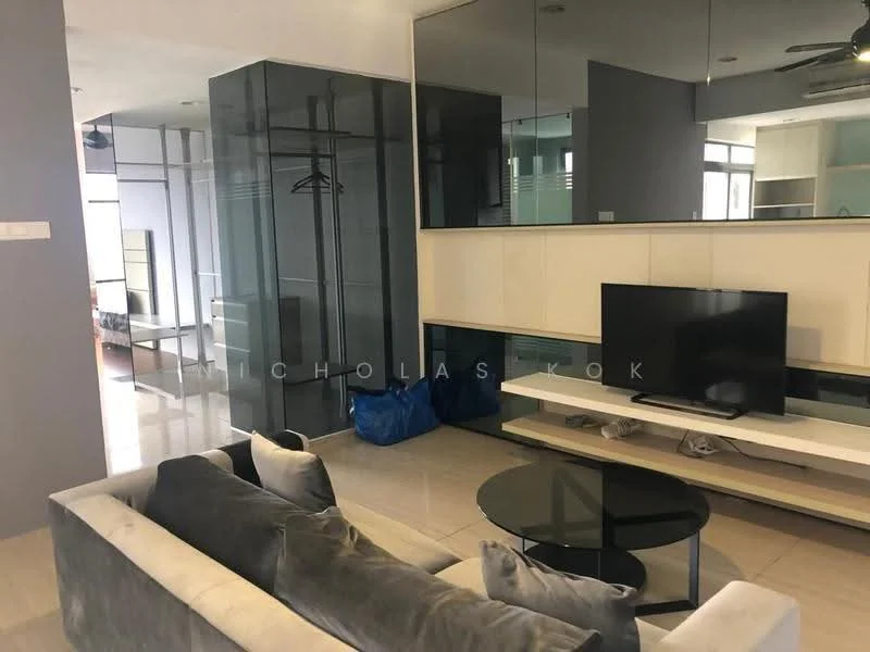 Living features: grey fabric sofa, black coffee table, wall-mounted TV, white TV console, mirrored wall, light-colored tiled flooring, ceiling fan, open shelving, hanging clothes rack, decorative items on shelves; style: modern.