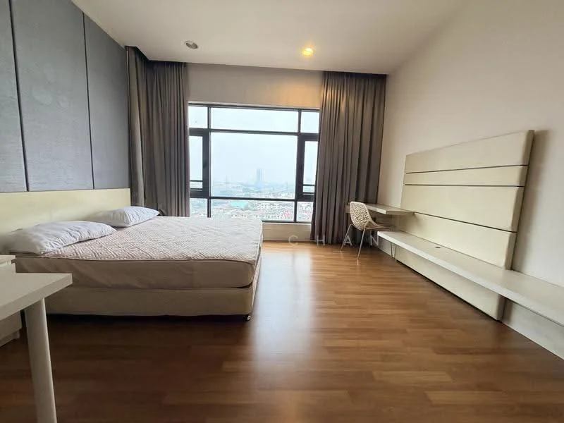 Bedroom features: king-size bed, light-colored bedding, wooden flooring, floor-to-ceiling windows, city view, grey curtains, built-in desk, wall-mounted headboard, minimalist decor, recessed lighting; style: modern; view: city.