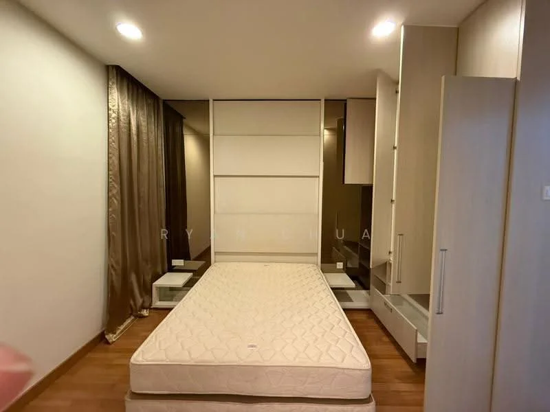 Bedroom features: queen-size bed without bedding, light wood cabinetry, built-in wardrobe, floating bedside tables, floor-to-ceiling curtains in beige, laminate wood flooring, white painted walls, recessed ceiling lights; style: modern.