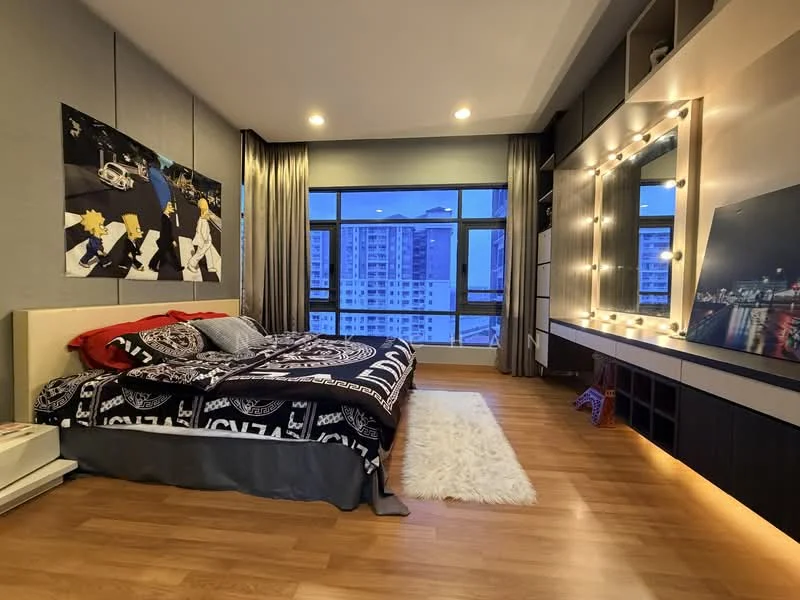 Bedroom features: king-size bed with patterned bedding, upholstered headboard, decorative wall art, floor-to-ceiling windows, curtains, wooden flooring, recessed ceiling lights, dressing table with mirror, built-in shelving unit, area rug, nightstand, wall-mounted lighting; style: modern; view: city.