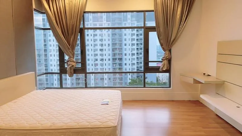 Bedroom features: large floor-to-ceiling windows, curtains, wooden flooring, plain white walls, wall-mounted shelf, unmade bed with mattress, view of city skyline; style: modern; view: city.