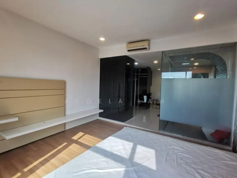 Bedroom features: wooden flooring, white painted walls, built-in headboard, wall-mounted shelf, floor-to-ceiling glass wall, air conditioning unit, natural light from window, decorative cushions; style: modern.