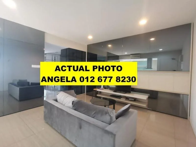 Living features: grey fabric sofa, white coffee table, black accent wall, glossy black cabinetry, recessed downlights, large floor-to-ceiling windows, marble tile flooring, open layout, TV console, wall-mounted TV; style: modern.