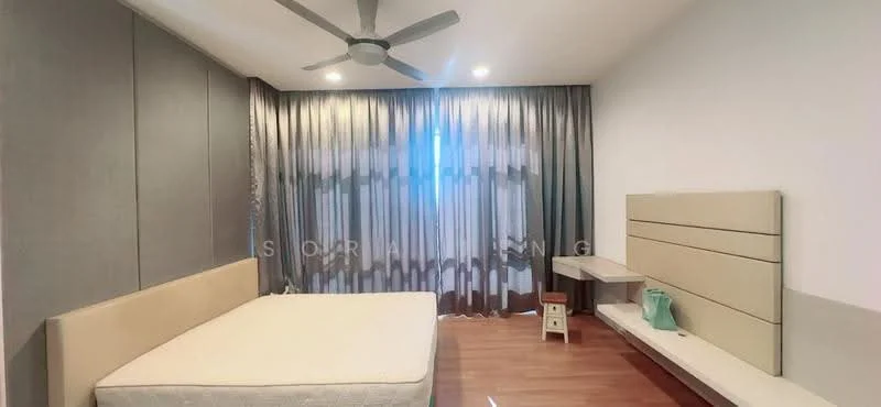 Bedroom features: queen-size bed frame without mattress, 5-blade ceiling fan with light, floor-to-ceiling windows, sheer curtains, dark grey accent wall, light wood flooring, built-in wall-mounted desk, wall-mounted shelf, decorative wall paneling; style: modern.