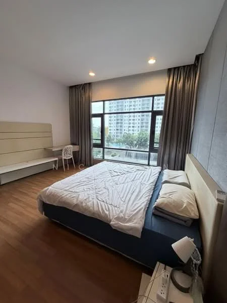 Bedroom features: king-size bed, upholstered headboard, two bedside lamps, wooden flooring, floor-to-ceiling windows, grey curtains, study desk with chair, built-in wardrobe, decorative wall paneling; style: modern; view: garden.