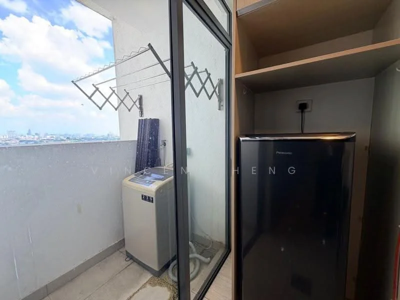 Laundry features: floor-to-ceiling windows, grey tiled flooring, washing machine, black fridge, clothes drying rack, white walls, city view; style: modern; view: city.