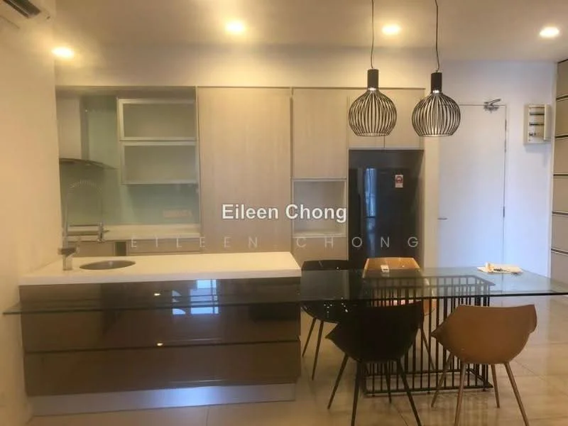 Kitchen features: single-bowl stainless-steel sink, chrome pull-down faucet, white quartz countertop, flat-panel cabinetry in light wood, built-in refrigerator, black glass-front refrigerator, pendant lighting, glass dining table, 4 dining chairs in brown, ceramic tile flooring, recessed downlights, open shelving; style: modern.