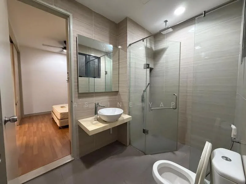 Bathroom features: single-sink vanity with wall-mounted cabinet, round basin, chrome basin mixer faucet, glass shower enclosure, handheld shower, toilet, tile cladding on walls, wooden flooring, mirror above vanity, recessed downlights; style: modern.