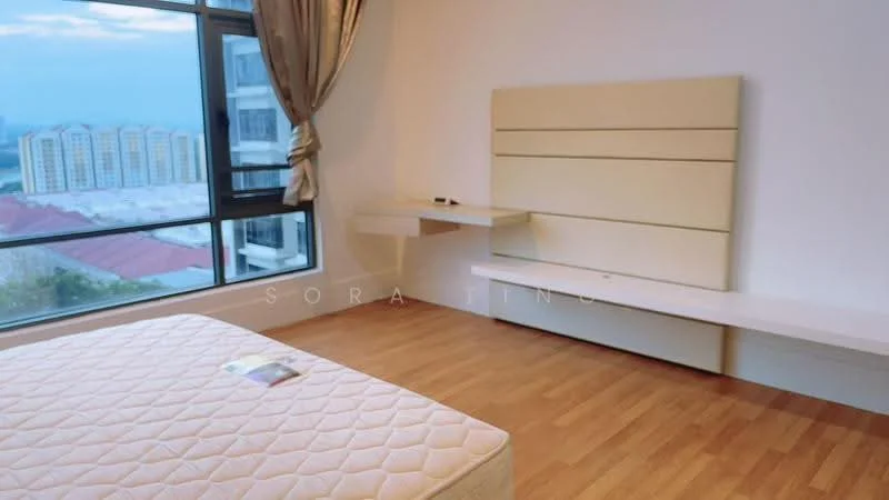 Bedroom features: wooden flooring, white painted walls, large window with city view, built-in headboard, floating shelf, curtains, minimalist design; style: modern; view: city.