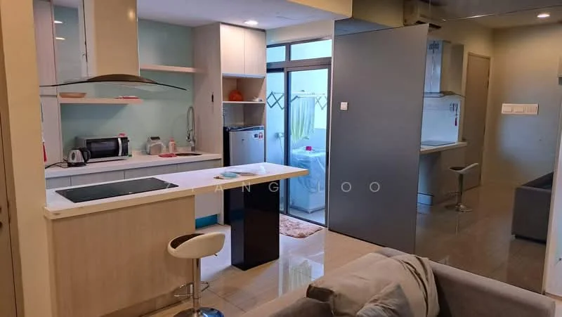 Kitchen features: white cabinetry, black countertop, stainless-steel sink, chrome pull-down faucet, built-in oven, freestanding range oven, microwave, stainless-steel fridge, bar stools, pendant lighting, tile flooring, open layout, wall-mounted cabinets, kitchen island; style: modern. Living features: grey fabric sofa, coffee table, TV console, area rug, open layout; style: modern.