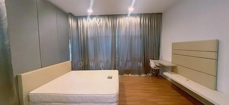 Bedroom features: wooden flooring, grey accent wall, white walls, floor-to-ceiling windows, sheer curtains, built-in wall-mounted desk, floating shelf, unfurnished bed frame; style: modern.