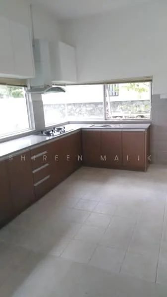 Kitchen features: brown cabinetry, white upper cabinets, grey countertop, stainless-steel gas hob, stainless-steel sink, large window with garden view, tile flooring, neutral wall colour; style: modern; view: garden.