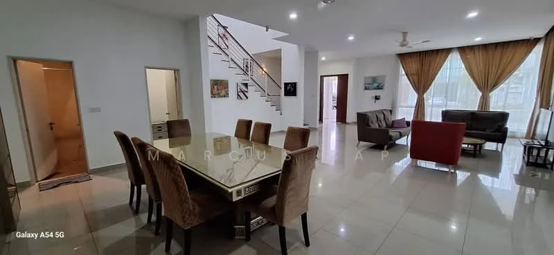 Living features: large floor-to-ceiling windows, cream painted walls, white ceiling with recessed downlights, polished ceramic tile flooring, 2-seater fabric sofa in grey, 3-seater fabric sofa in dark grey, red accent chair, glass coffee table, TV console, decorative wall art, curtains, ceiling fan; style: modern. Dining features: 8-seater dining table with glass top, upholstered dining chairs, white cabinetry, marble flooring, decorative wall art; style: modern. Room features: open staircase with wooden railing, doorway leading to bathroom, light-colored walls.