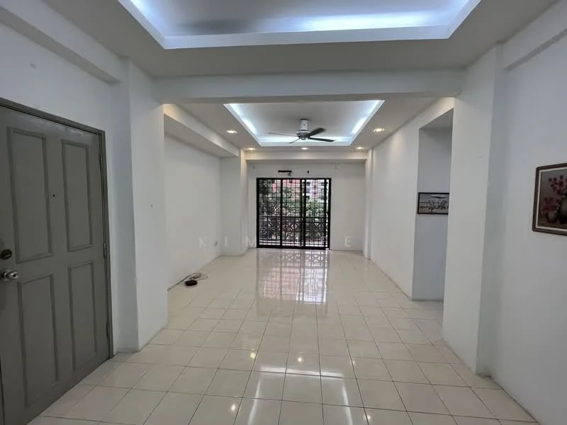 Living features: white painted walls, glossy ceramic tile flooring, tray ceiling with recessed lighting, 5-blade ceiling fan, floor-to-ceiling sliding glass door, black metal grille door, decorative wall art, natural light from windows, open layout; style: modern; view: garden.