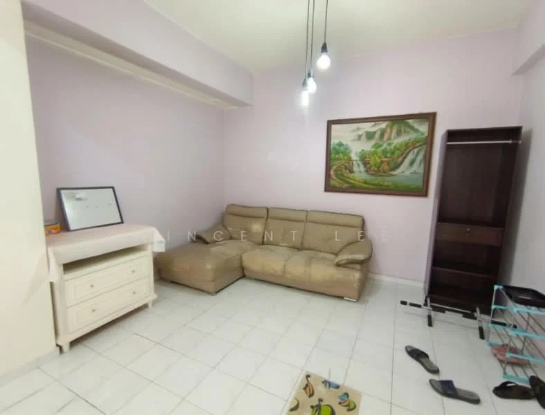 Living features: L-shape sectional sofa in beige, white painted walls, tile flooring, hanging pendant lights, framed artwork on wall, wooden shelving unit, white dresser, sliding door wardrobe, area rug with geometric pattern; style: modern.