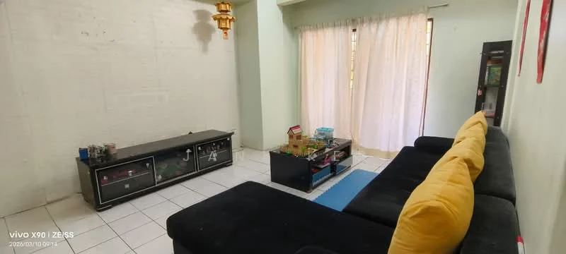 Living features: black fabric sofa, yellow accent cushions, glass coffee table, white tiled flooring, light green painted walls, floor-to-ceiling curtains, entertainment unit with glass doors, decorative wall art; style: modern.