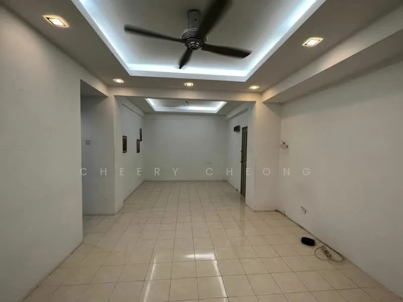 Living features: white painted walls, glossy ceramic tile flooring, tray ceiling with recessed lighting, 5-blade ceiling fan with light, multiple ceiling lights, open layout, no visible furniture, neutral color scheme; style: modern.