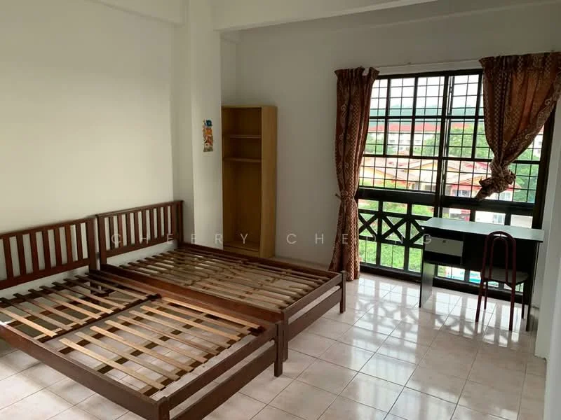 Bedroom features: two wooden bed frames without mattresses, white painted walls, tiled flooring, floor-to-ceiling window, curtains with floral pattern, wooden bookshelf, study desk, metal chair; style: minimalist; view: city.