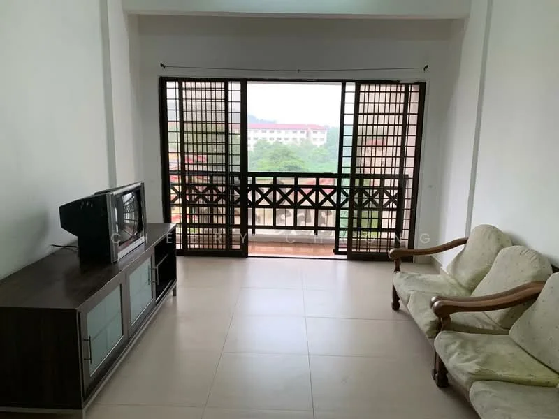 Living features: floor-to-ceiling windows, wooden window grilles, cream painted walls, tile flooring, 2-seater fabric sofa in light green, wooden TV console, television, natural light from windows, view of greenery outside; style: modern; view: garden.