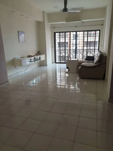 Living features: cream painted walls, glossy white tile flooring, 5-blade ceiling fan, large sliding glass door, floor-to-ceiling windows, white TV console, brown leather sofa, coffee table, natural light from windows, open layout; style: modern.