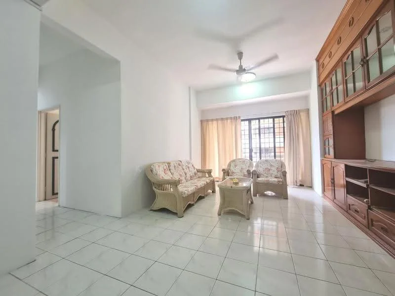 Living features: white painted walls, ceramic tile flooring, 5-blade ceiling fan with light, large windows with sheer curtains, two armchairs with floral upholstery, rattan coffee table, wooden TV console with storage, built-in shelving unit, natural light from windows; style: contemporary. Room features: white painted walls, ceramic tile flooring, doorway leading to another room.