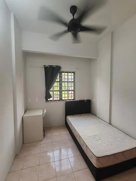Bedroom features: single bed frame, mattress, ceiling fan, window with grid, curtains, white painted walls, tile flooring, built-in wardrobe, desk, light source.
