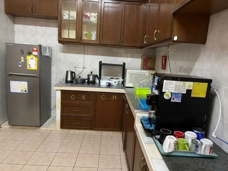 Kitchen features: stainless-steel fridge, wood cabinetry in brown, white countertop, ceramic tile flooring, built-in microwave, freestanding electric stove, kettle, toaster, coffee machine, sink, dish rack, various kitchen utensils, wall-mounted shelves; style: modern.