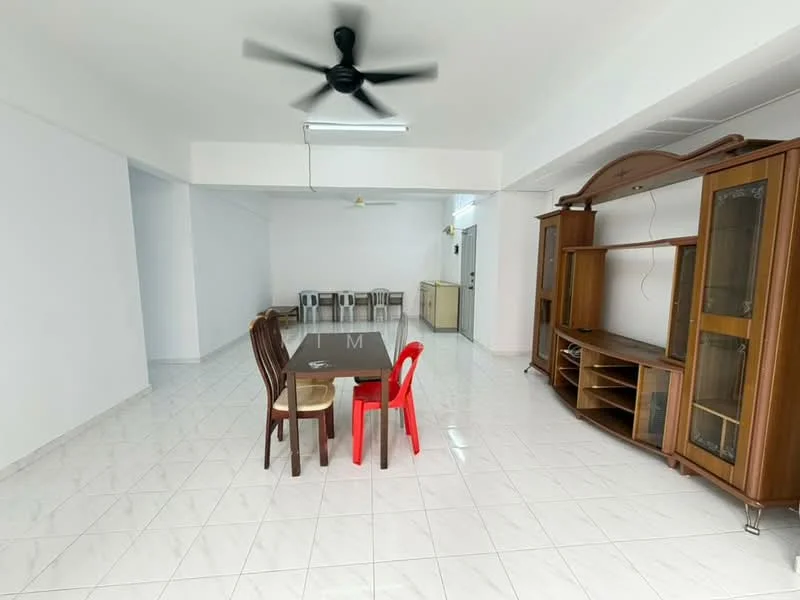 Living features: white painted walls, glossy ceramic tile flooring, 5-blade ceiling fan with light, dining table with 4 chairs, additional red chair, wooden display cabinet, open layout, natural light from windows; style: modern.