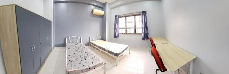 Bedroom features: two single beds with mattresses, wooden study desk, orange office chair, built-in wardrobe with grey doors, white walls, grey accent wall, window with curtains, air conditioning unit, tile flooring, ceiling light; style: modern.
