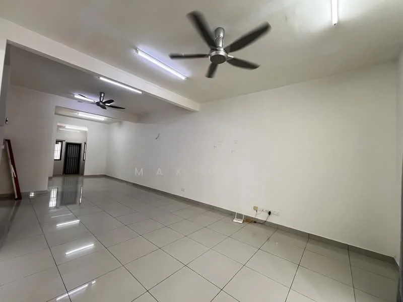 Living features: white painted walls, glossy ceramic tile flooring, 2 ceiling fans, recessed LED downlights, large open space, no visible furniture, neutral color scheme, multiple power outlets; style: modern.