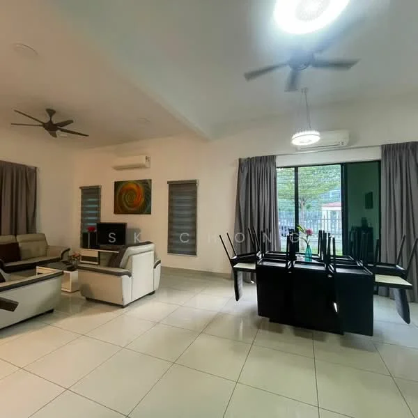 Living features: cream painted walls, white ceiling, 5-blade ceiling fan with light, recessed downlights, floor-to-ceiling windows, sliding glass door, grey curtains, white tiled flooring, 2-seater fabric sofa in beige, 3-seater fabric sofa in grey, coffee table, dining table with 6 black chairs, decorative artwork on wall; style: modern; view: garden.