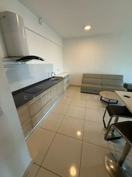Kitchen features: white cabinetry, black countertop, stainless-steel sink, chrome pull-down faucet, built-in stove with hood, ceramic tile flooring, recessed downlights, open layout, seating area with sofa, round dining table, metal dining chairs; style: modern.