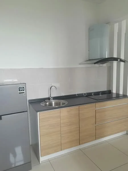 Kitchen features: single-bowl stainless-steel sink, chrome pull-down faucet, grey countertop, wood cabinetry with flat-panel design, stainless-steel fridge, wall-mounted range hood, white tiled backsplash, ceramic tile flooring; style: modern.