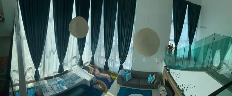 Living features: floor-to-ceiling windows, blue curtains, two large pendant lights, sofa with decorative cushions, coffee table, area rug with abstract pattern, decorative wall art, fireplace, glass railing, open layout; style: modern; view: city.