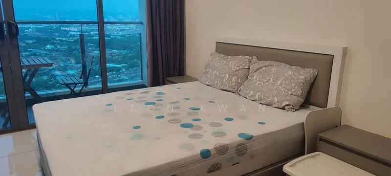 Bedroom features: king-size bed, upholstered headboard, decorative pillows, bedside table, floor-to-ceiling windows, curtains, city view, laminate flooring; style: modern; view: city.