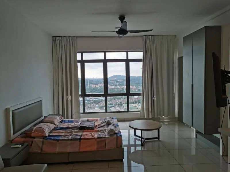 Bedroom features: king-size bed with patterned bedding, floor-to-ceiling windows, white curtains, ceiling fan, wall-mounted TV, side table, coffee table, built-in wardrobe, glossy tile flooring, neutral painted walls; style: modern; view: city.