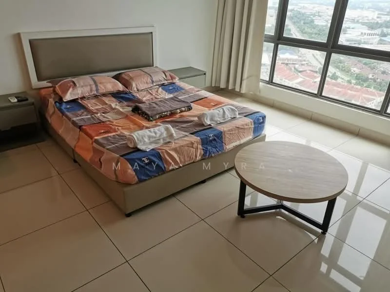 Bedroom features: king-size bed with patterned bedding, two bedside tables, table lamp on bedside table, floor-to-ceiling windows, city view, light-colored curtains, polished tile flooring, round coffee table; style: modern; view: city.