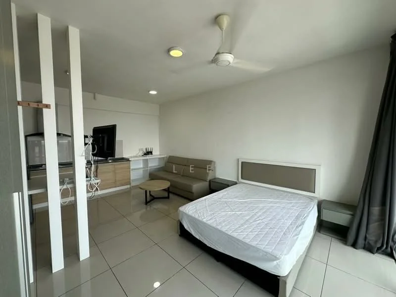 Bedroom features: queen-size bed without bedding, upholstered headboard, sofa in beige fabric, wall-mounted TV, white painted walls, grey curtains, ceiling fan, recessed downlights, glossy tile flooring, built-in wardrobe, open shelving, kitchenette with countertop, stainless-steel sink; style: modern.
