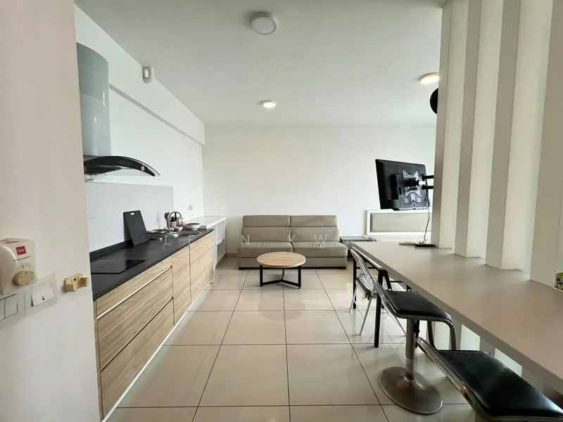 Kitchen features: light wood cabinetry, black countertop, stainless-steel sink, chrome pull-down faucet, built-in stove with hood, refrigerator, open shelving, tile flooring, recessed downlights; style: modern. Living features: fabric sofa in beige, coffee table, wall-mounted TV, bar stools, open-plan layout; style: modern.