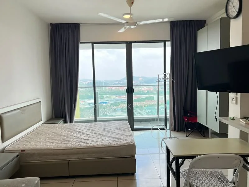 Bedroom features: queen-size bed frame without mattress, floor-to-ceiling windows, grey curtains, white painted walls, tile flooring, ceiling fan, wall-mounted TV, study desk, white folding chair, clothes rack, built-in wardrobe; style: modern; view: city.