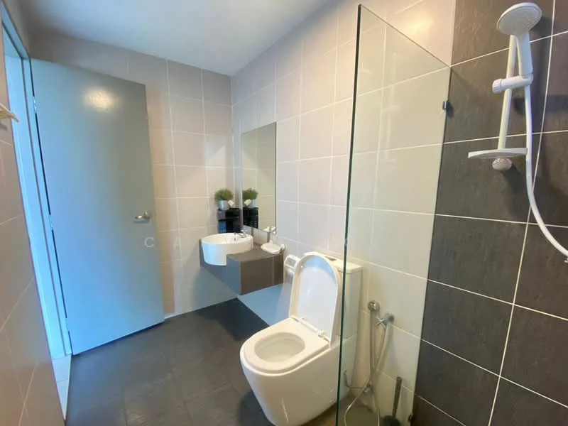 Bathroom features: white tiled walls, grey accent wall, black tile flooring, walk-in shower with glass enclosure, rain shower head, chrome handheld shower, single-sink vanity with wall-mounted mirror, one-piece toilet, bidet spray, plant decor; style: modern.