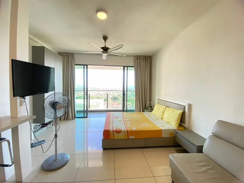 Bedroom features: king-size bed with yellow bedding, floor-to-ceiling windows, city view, white painted walls, polished tile flooring, ceiling fan, wall-mounted TV, sofa, side table, curtains, air conditioning unit; style: modern; view: city.