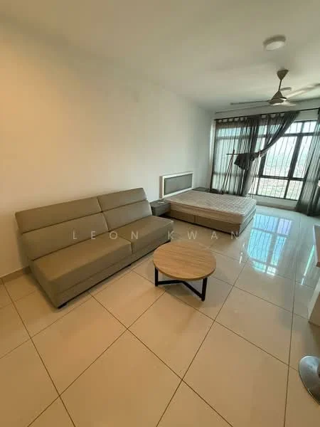 Living features: beige fabric sofa, round coffee table, tile flooring, white painted walls, large windows with sheer curtains, ceiling fan, natural light from windows, unmade bed in the background; style: modern; view: city.