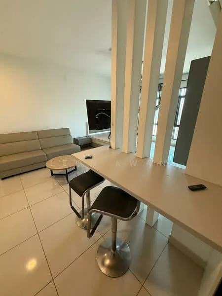 Living features: grey fabric sofa, round coffee table, flat-screen TV on wall, white walls, tile flooring, bar counter with stools, modern pendant lighting, large windows with natural light; style: modern.