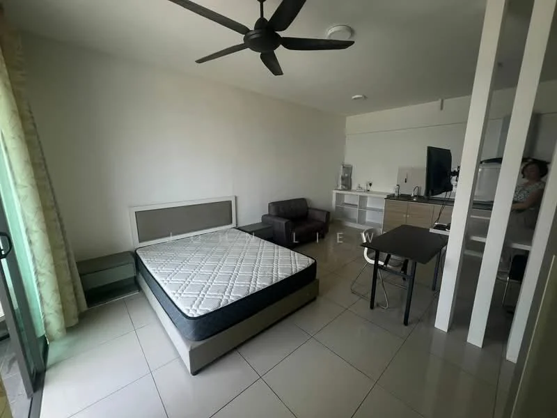 Bedroom features: queen-size bed, upholstered headboard, 2-seater leather sofa, ceiling fan, floor-to-ceiling windows, curtains, tile flooring, wall-mounted TV, study desk, built-in wardrobe; style: modern.